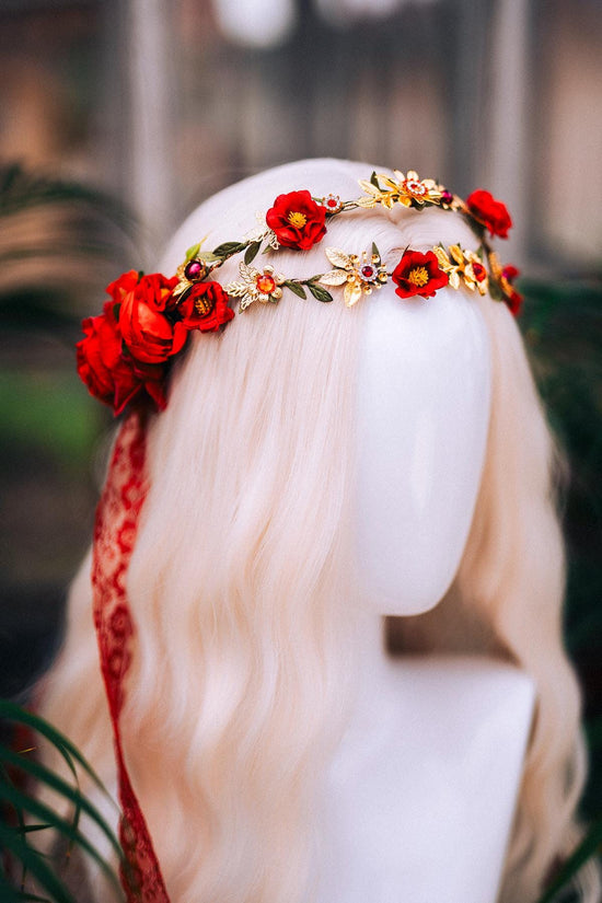 Red Rose Crown, Boho Wedding Hair Wreath, Midsummer Headpiece, Rose Floral Vine, Festival Flower Crown, Goddess Rose Wreath, Wedding