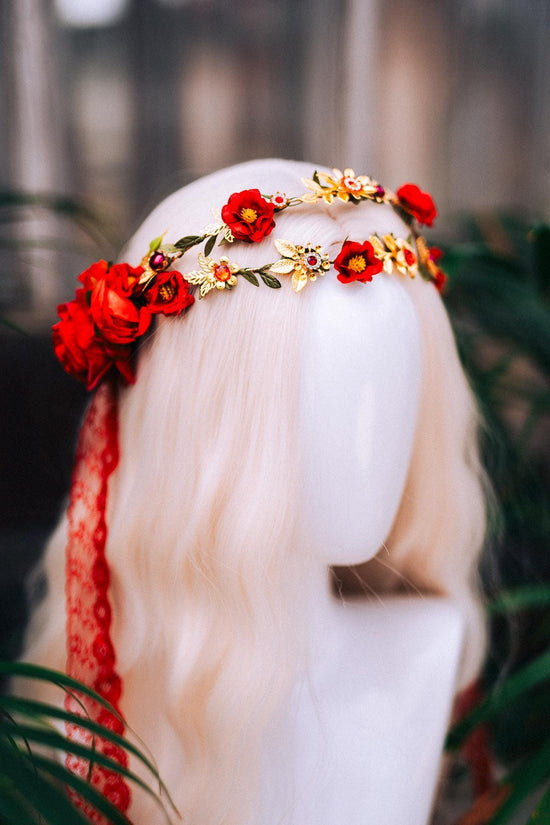 Red Rose Crown, Boho Wedding Hair Wreath, Midsummer Headpiece, Rose Floral Vine, Festival Flower Crown, Goddess Rose Wreath, Wedding