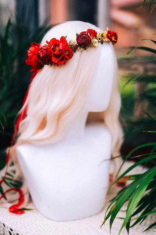 Red Rose Flower Crown, Romantic Wedding Wreath, Boho Bridal Headpiece, Maternity Photoshoot Halo, Handmade Floral Tiara