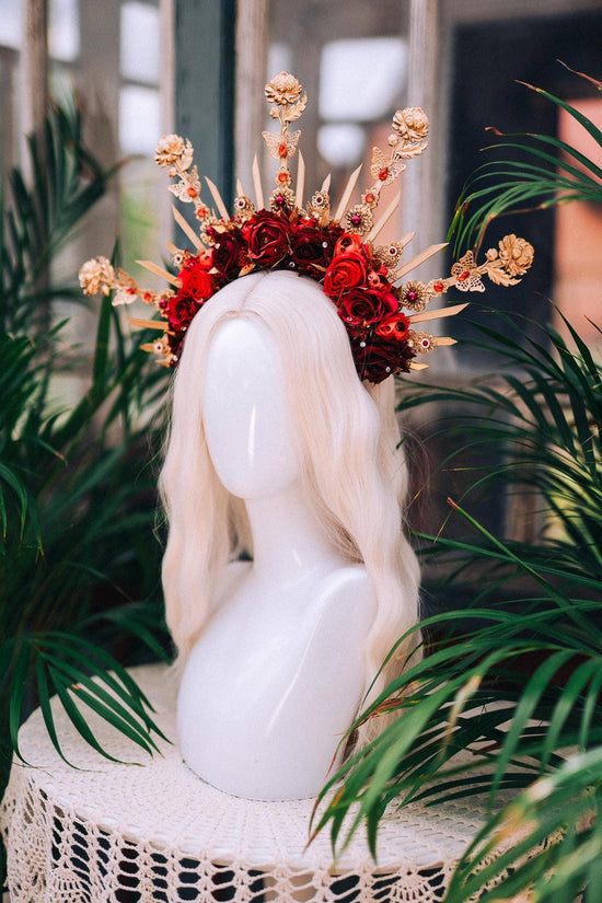 Red Rose Halo Crown,Gold Flower Crown,Floral Halo Headpiece,Wedding Crown,Festival Headpiece,Bridal Flower Tiara,Goddess Halo Crown