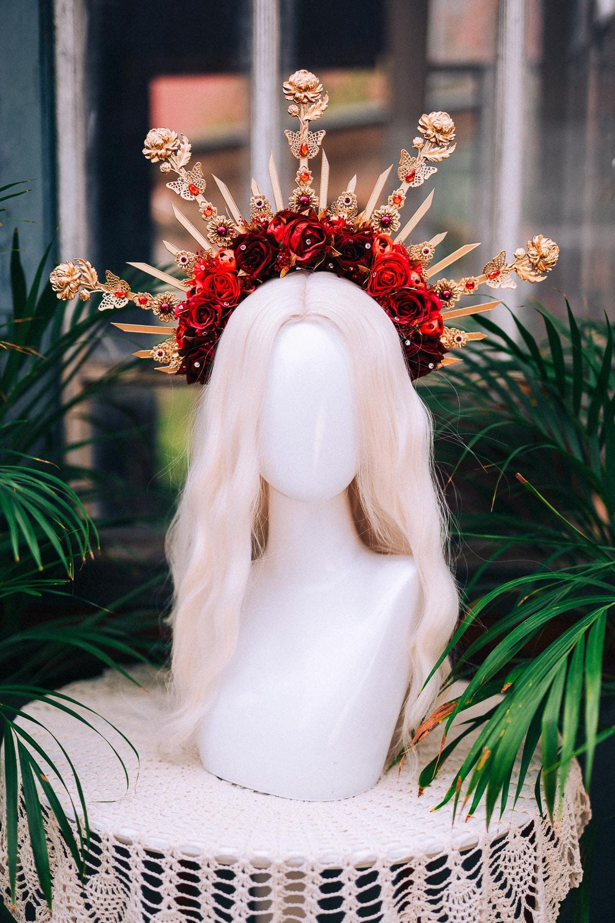 Red Rose Halo Crown,Gold Flower Crown,Floral Halo Headpiece,Wedding Crown,Festival Headpiece,Bridal Flower Tiara,Goddess Halo Crown