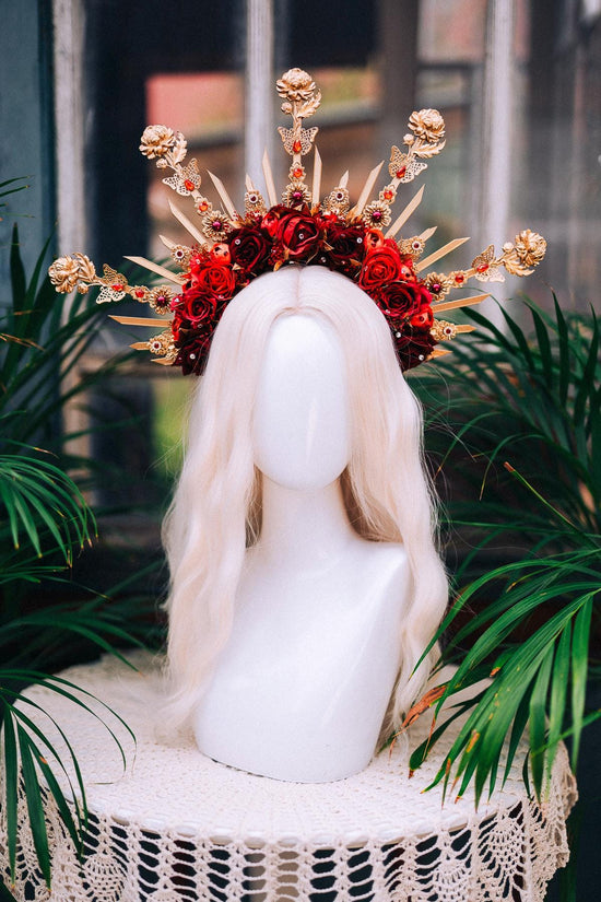 Red Rose Halo Crown,Gold Flower Crown,Floral Halo Headpiece,Wedding Crown,Festival Headpiece,Bridal Flower Tiara,Goddess Halo Crown