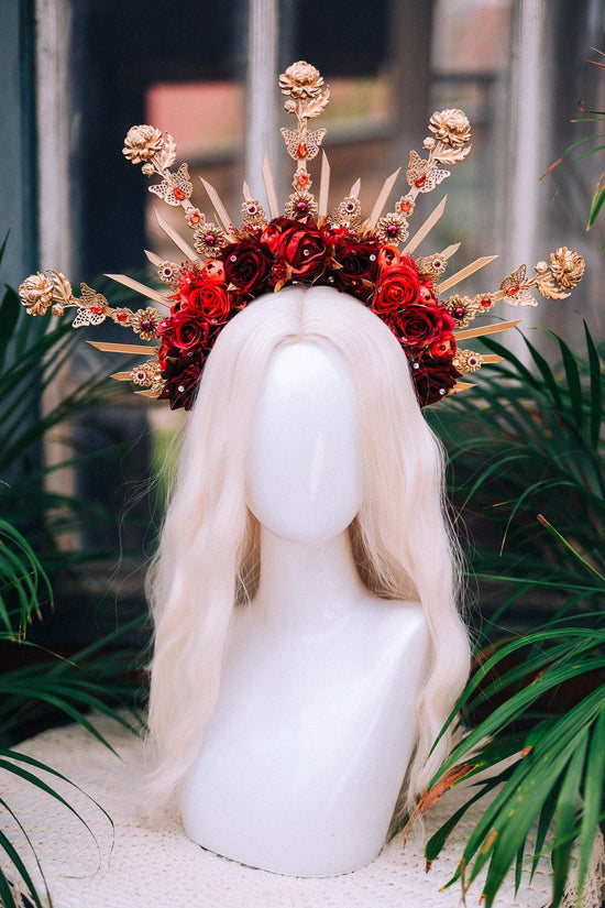 Red Rose Halo Crown,Gold Flower Crown,Floral Halo Headpiece,Wedding Crown,Festival Headpiece,Bridal Flower Tiara,Goddess Halo Crown