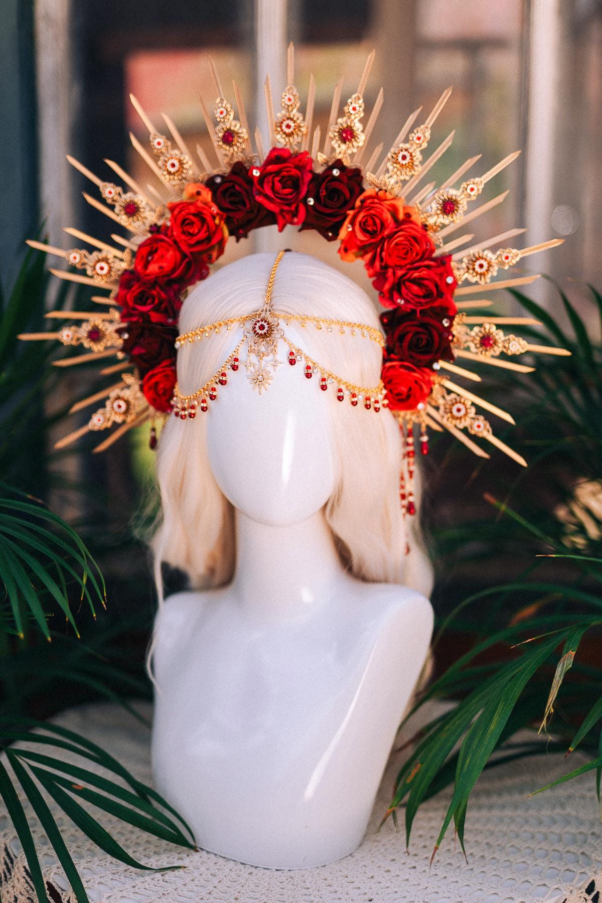 Crown Of Roses, Red Gold Crown, Statement Headpiece, Floral Halo, Carnival Costume, Rose Tiara, Festival Headdress, Handmade Crown