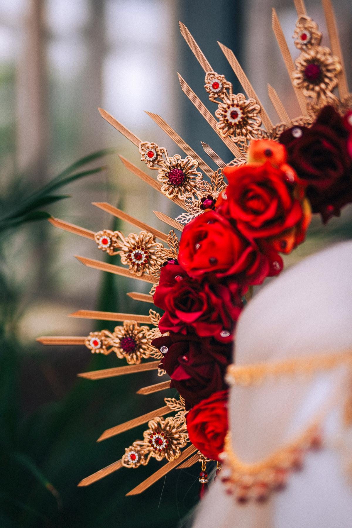 Crown Of Roses, Red Gold Crown, Statement Headpiece, Floral Halo, Carnival Costume, Rose Tiara, Festival Headdress, Handmade Crown