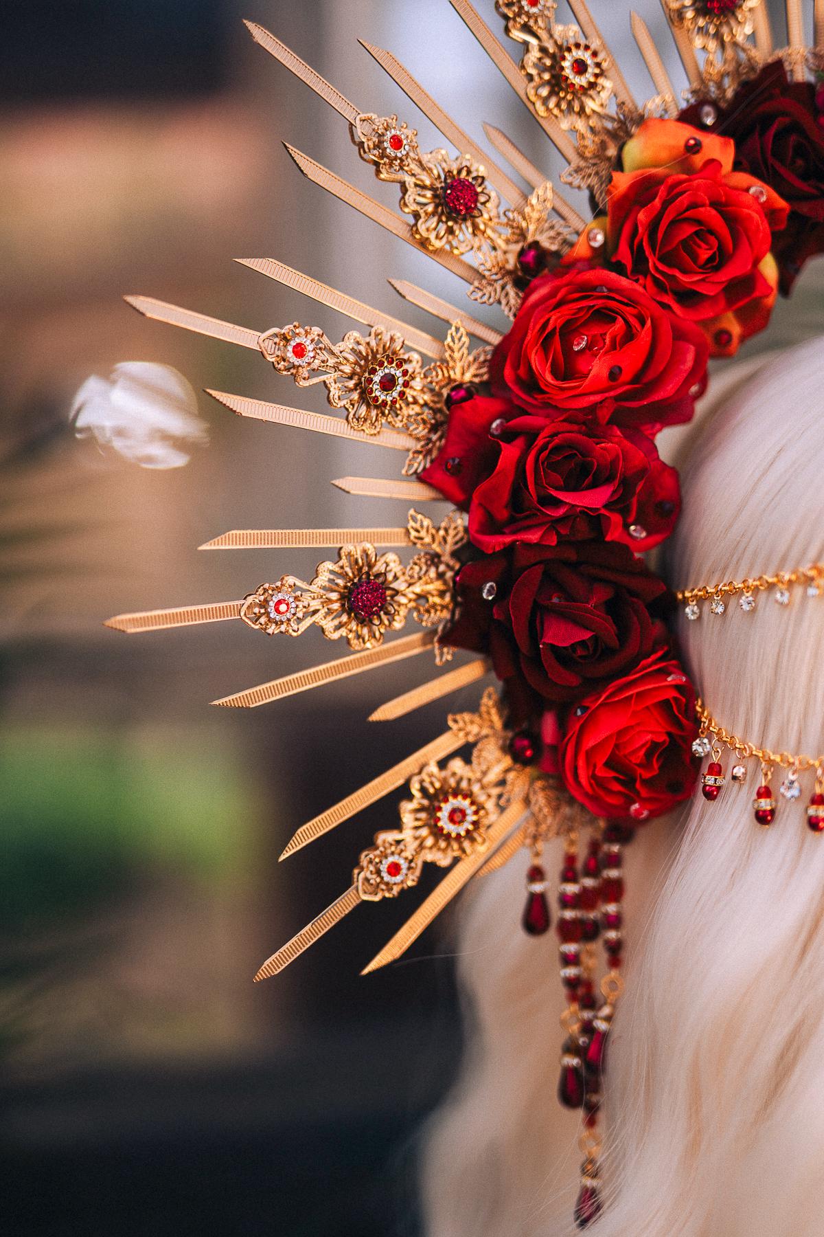 Crown Of Roses, Red Gold Crown, Statement Headpiece, Floral Halo, Carnival Costume, Rose Tiara, Festival Headdress, Handmade Crown
