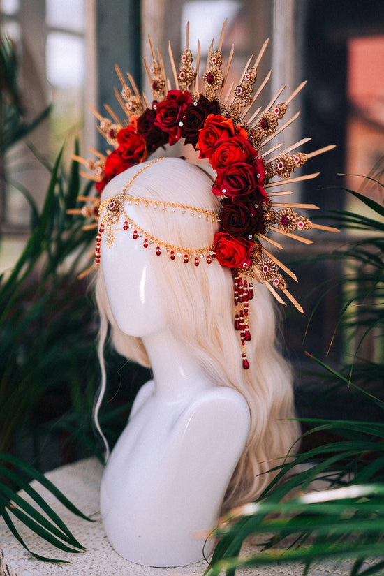 Crown Of Roses, Red Gold Crown, Statement Headpiece, Floral Halo, Carnival Costume, Rose Tiara, Festival Headdress, Handmade Crown