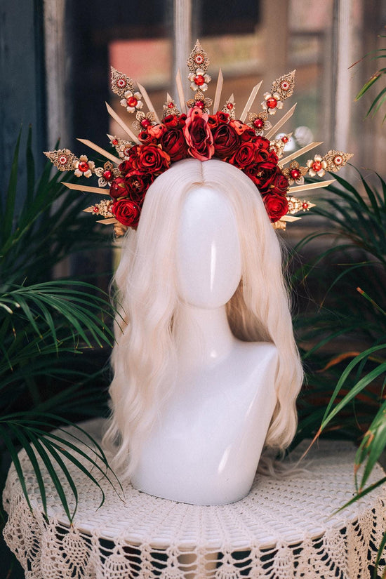 Red Rose Crown, Floral Halo Crown, Festival Headpiece, Handmade Costume Crown, Gothic Flower Crown, Dramatic Rose Crown, Wedding Halo