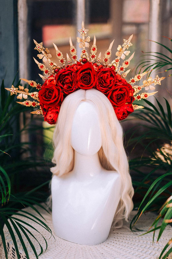 Red Rose Halo Crown, Gold Star Crown, Gothic Flower Crown, Handmade Statement Crown, Carnival Costume Headpiece, Festival Queen Crown