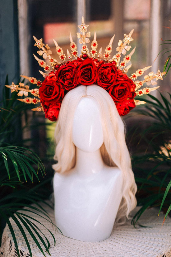 Red Rose Halo Crown, Gold Star Crown, Gothic Flower Crown, Handmade Statement Crown, Carnival Costume Headpiece, Festival Queen Crown