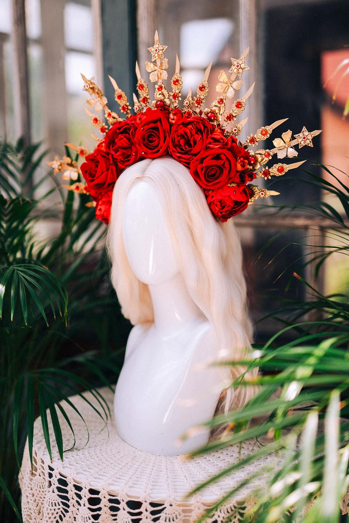 Red Rose Halo Crown, Gold Star Crown, Gothic Flower Crown, Handmade Statement Crown, Carnival Costume Headpiece, Festival Queen Crown