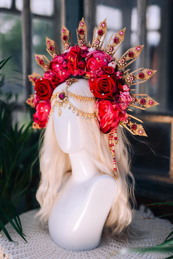 Radiant Pink Red Crown, Flower Halo Crown, Rose Festival Headpiece, Bridal Flower Crown, Fantasy Costume Crown, Handmade Goddess Halo
