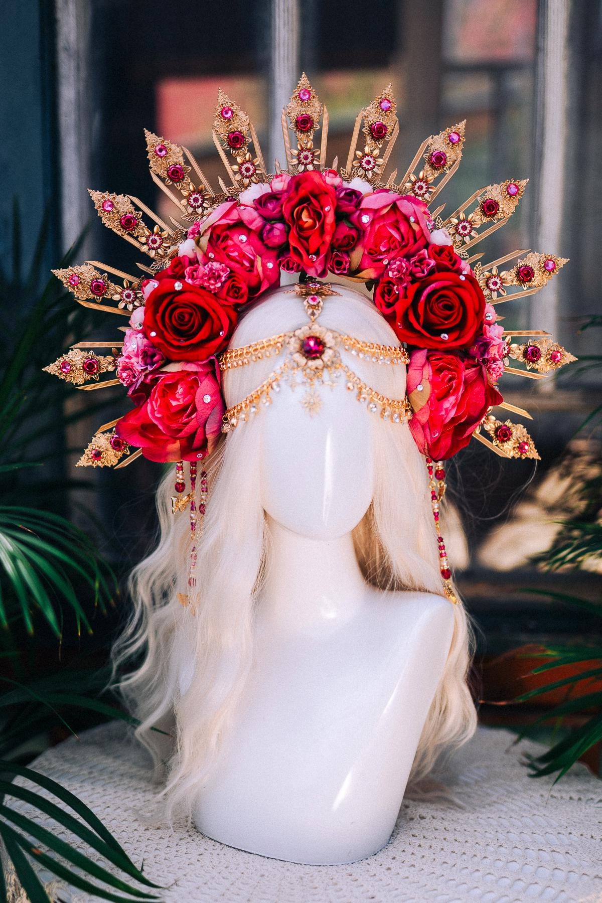 Radiant Pink Red Crown, Flower Halo Crown, Rose Festival Headpiece, Bridal Flower Crown, Fantasy Costume Crown, Handmade Goddess Halo