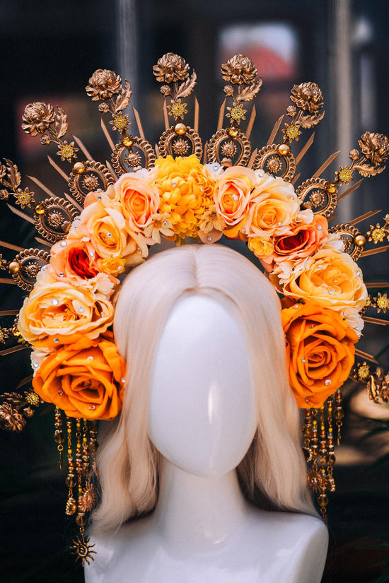 Yellow Flower Crown, Gold Headpiece, Halo Crown, Sun Goddess Tiara, Festival Crown, Wedding Headband, Celestial Crown, Boho Bride