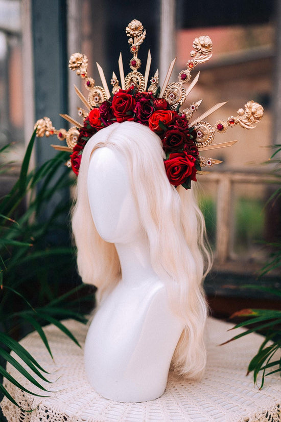 Royal Rose Garden Crown, Red Flower Crown, Golden Halo, Boho Bride Headpiece, Handmade Festival Crown, Wedding Accessory, Goddess Tiara