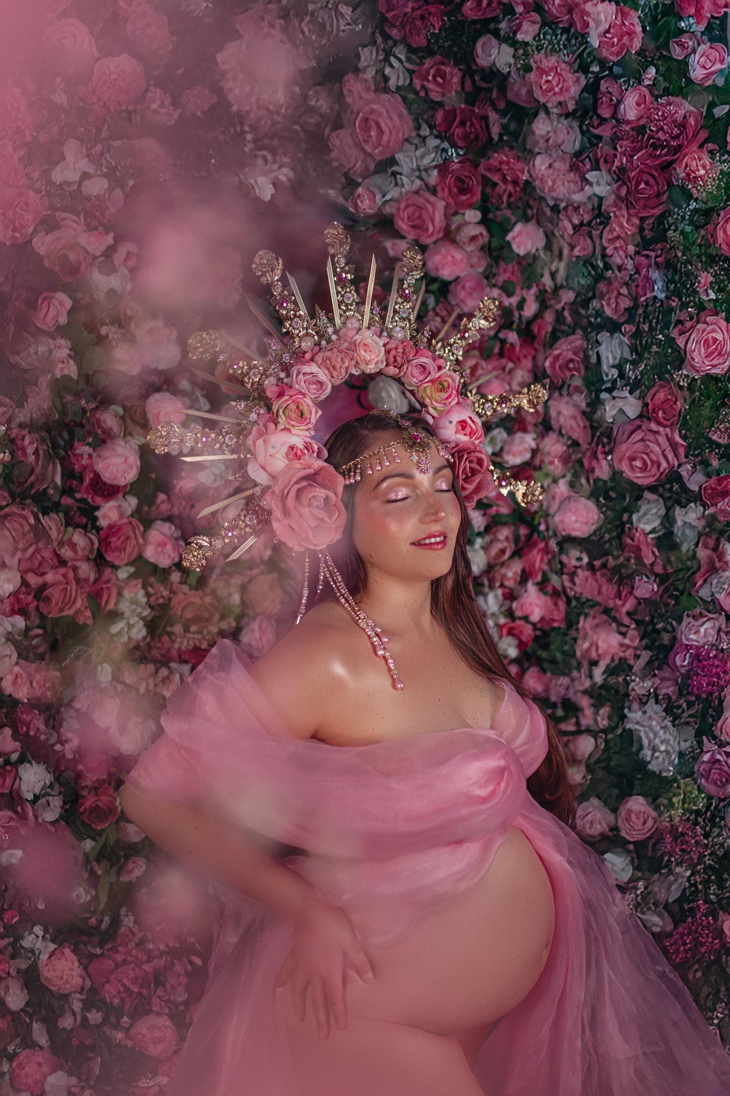 Celestial Flower Crown, Gold Boho Headpiece, Pink Rose Tiara, Goddess Halo Crown, Wedding Floral Crown, Festival Headpiece, Carnival Tiara