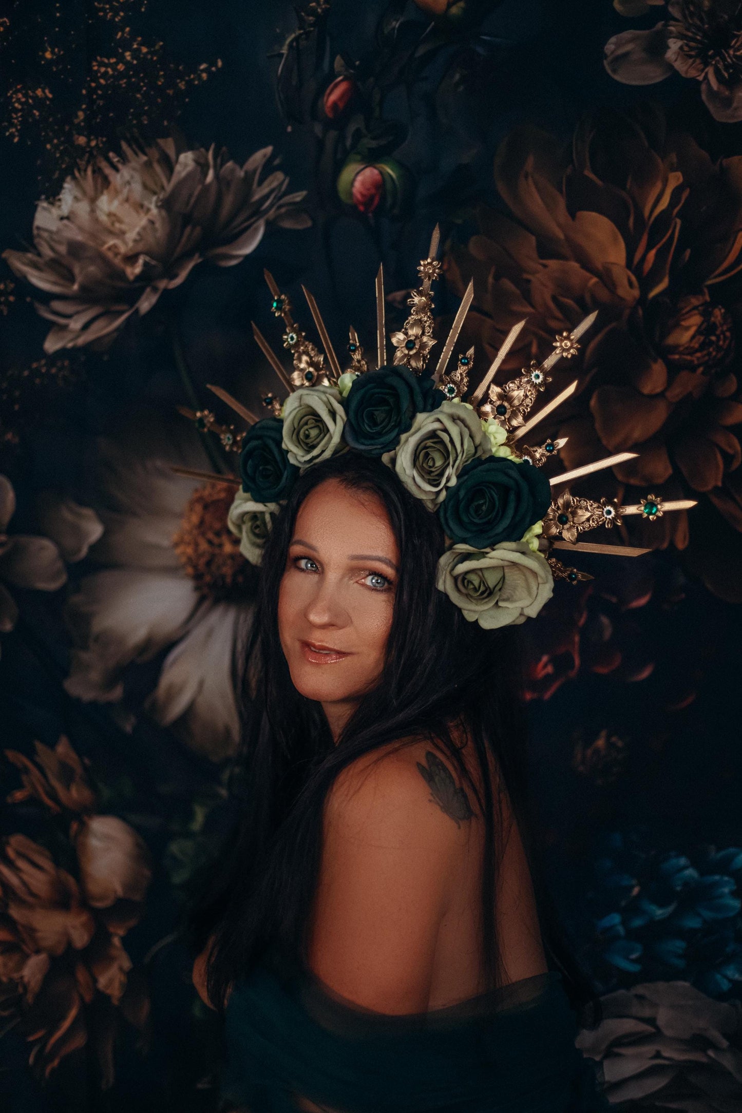 Emerald Flower crown Gold halo Moon crown Bridal Headpiece Goddess crown Celestial Jewellery Burning man Accessories Tiara Diadem Crown Boho