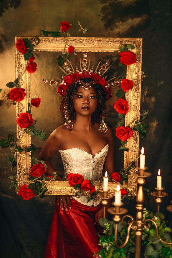 Royal Rose Garden Crown, Red Flower Crown, Golden Halo, Boho Bride Headpiece, Handmade Festival Crown, Wedding Accessory, Goddess Tiara