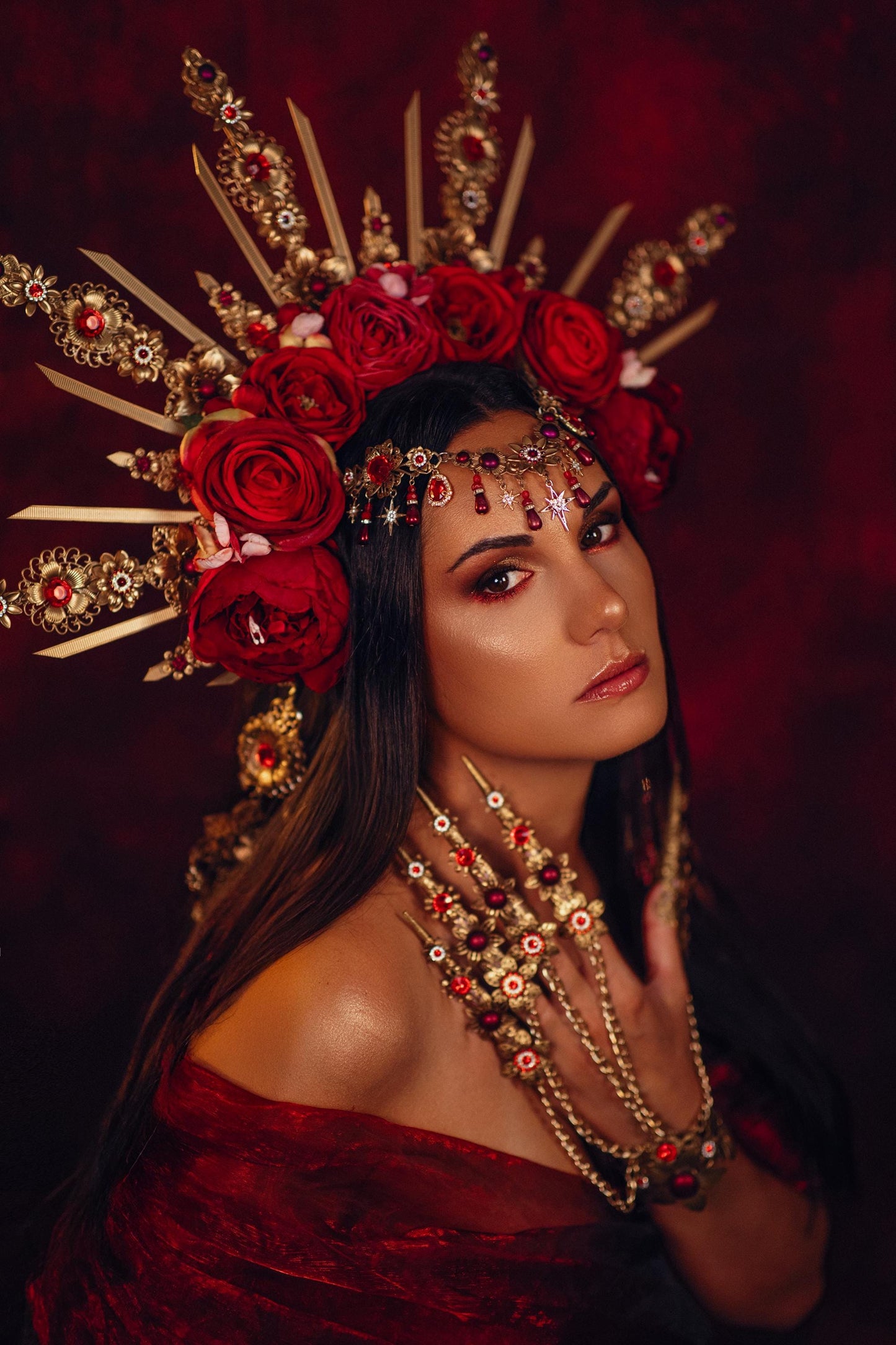 Royal Rose Garden Crown, Red Flower Crown, Golden Halo, Boho Bride Headpiece, Handmade Festival Crown, Wedding Accessory, Goddess Tiara