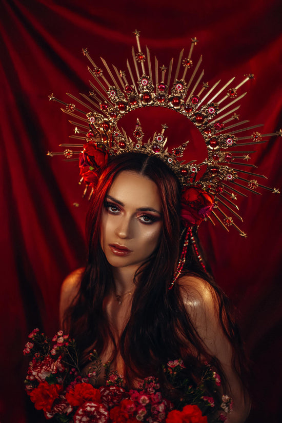 La Catrina Halo Crown, Dia De Los Muertos, Skull Tiara, Gothic Headpiece, Red Rose Crown, Festival Costume, Halloween Tiara,Floral Headdress