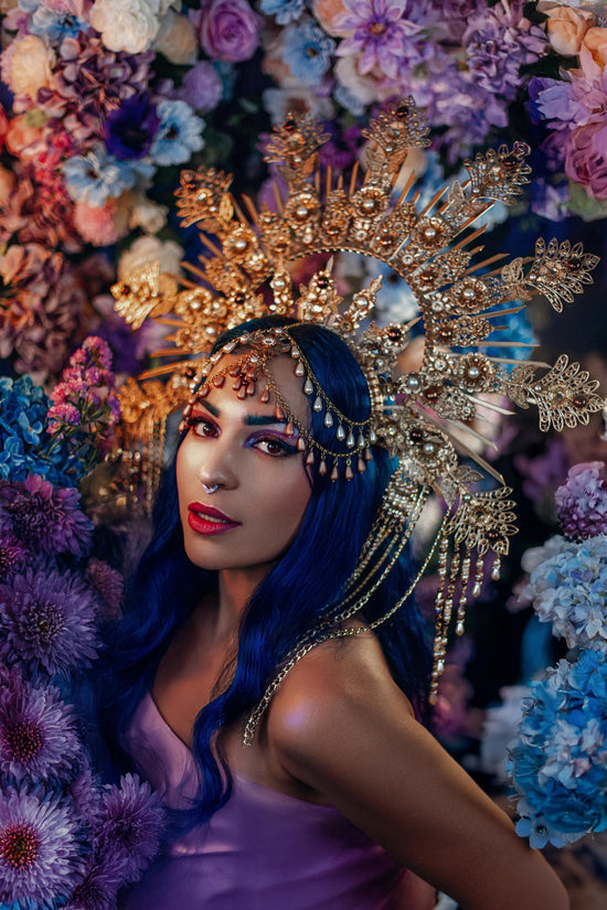 Celestial Empress Crown,Gold Halo Crown,Bridal Goddess Tiara,Festival Headpiece,Luxury Costume Crown,Fantasy Queen Halo,Statement Headwear
