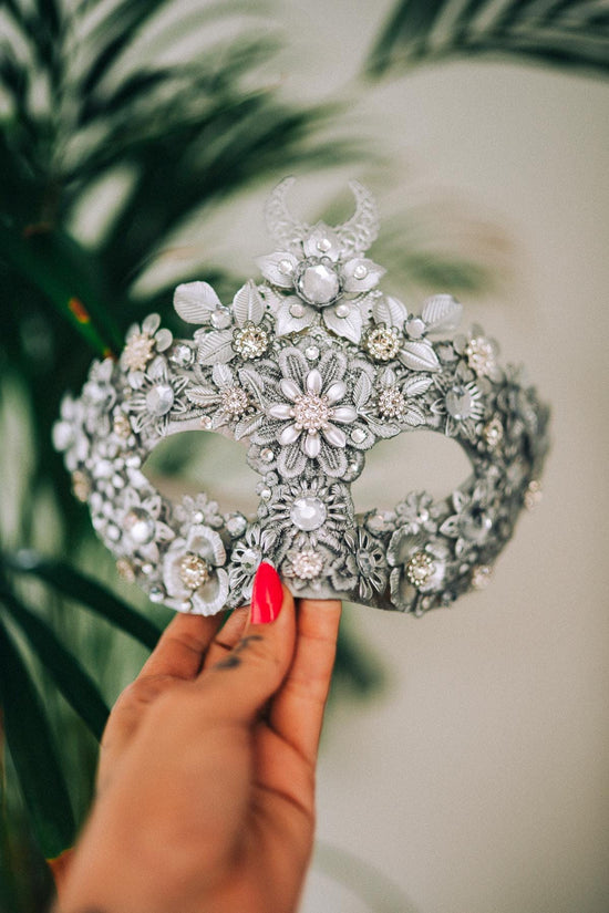 Silver Moon Mask, Venetian Mask, Masquerade Mask, Carnival Mask, Crystal Facepiece, Baroque Costume, Floral Mask, Handmade Mask