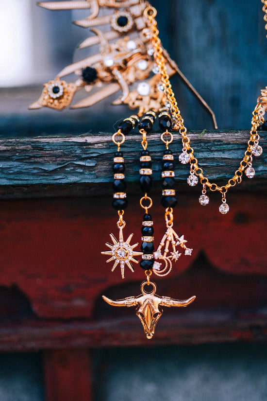 Taurus Crown, Zodiac Crown, Celestial Headpiece, Black Gold Halo Crown, Boho Birthday Crown, Festival Headpiece, Moon Goddess Crown