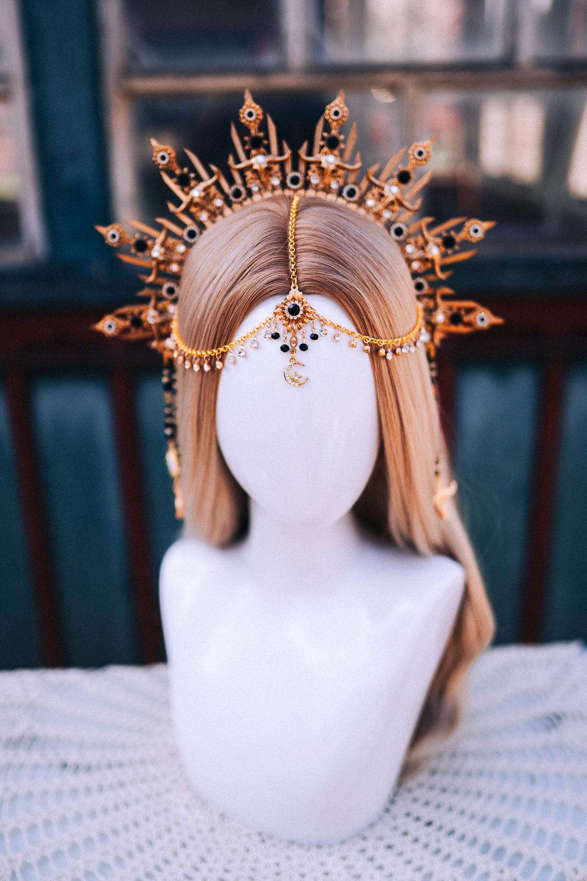 Taurus Crown, Zodiac Crown, Celestial Headpiece, Black Gold Halo Crown, Boho Birthday Crown, Festival Headpiece, Moon Goddess Crown