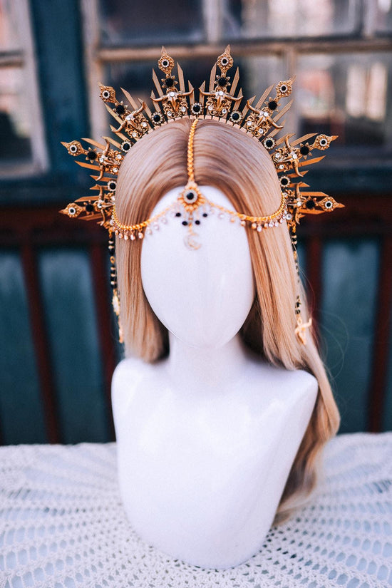 Taurus Crown, Zodiac Crown, Celestial Headpiece, Black Gold Halo Crown, Boho Birthday Crown, Festival Headpiece, Moon Goddess Crown