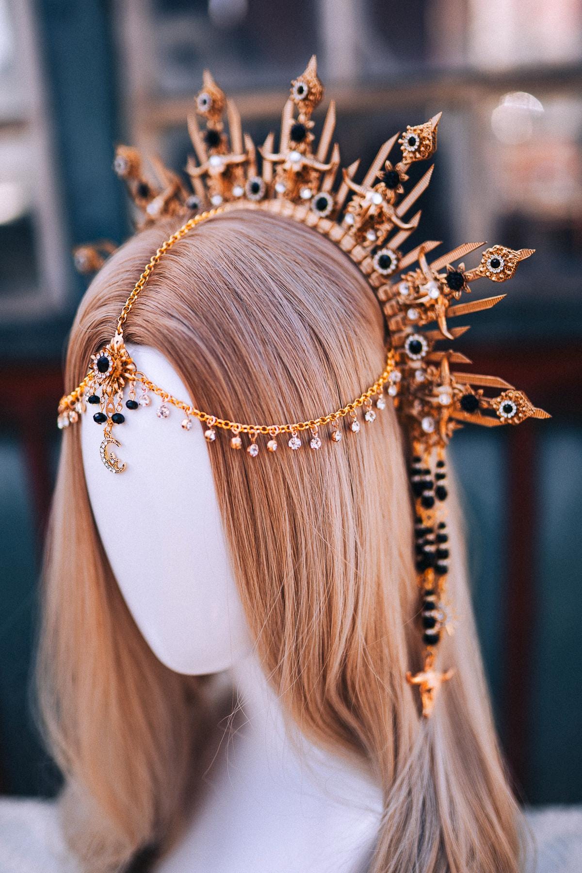 Taurus Crown, Zodiac Crown, Celestial Headpiece, Black Gold Halo Crown, Boho Birthday Crown, Festival Headpiece, Moon Goddess Crown
