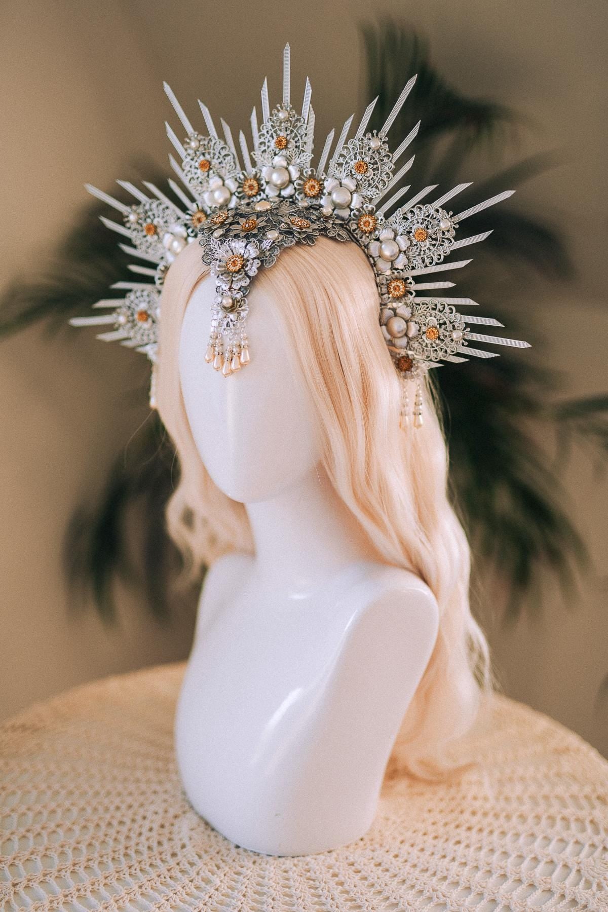 Silver Halo Crown, White And Gold Headpiece, Festival Crown, Pearl Bridal Tiara, Celestial Goddess Crown, Fantasy Costume Accessory