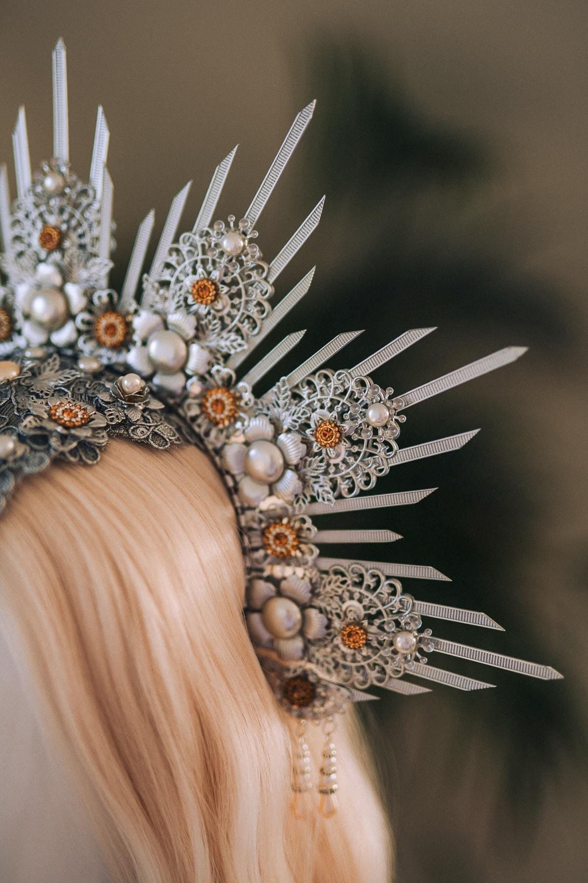 Silver Halo Crown, White And Gold Headpiece, Festival Crown, Pearl Bridal Tiara, Celestial Goddess Crown, Fantasy Costume Accessory