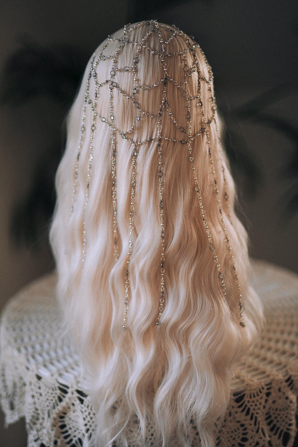 Silver Bridal Head Chain, Crystal Hair Jewelry, Wedding Hair Accessory, Festival Headpiece, Beaded Hair Drape, Boho Head Chain