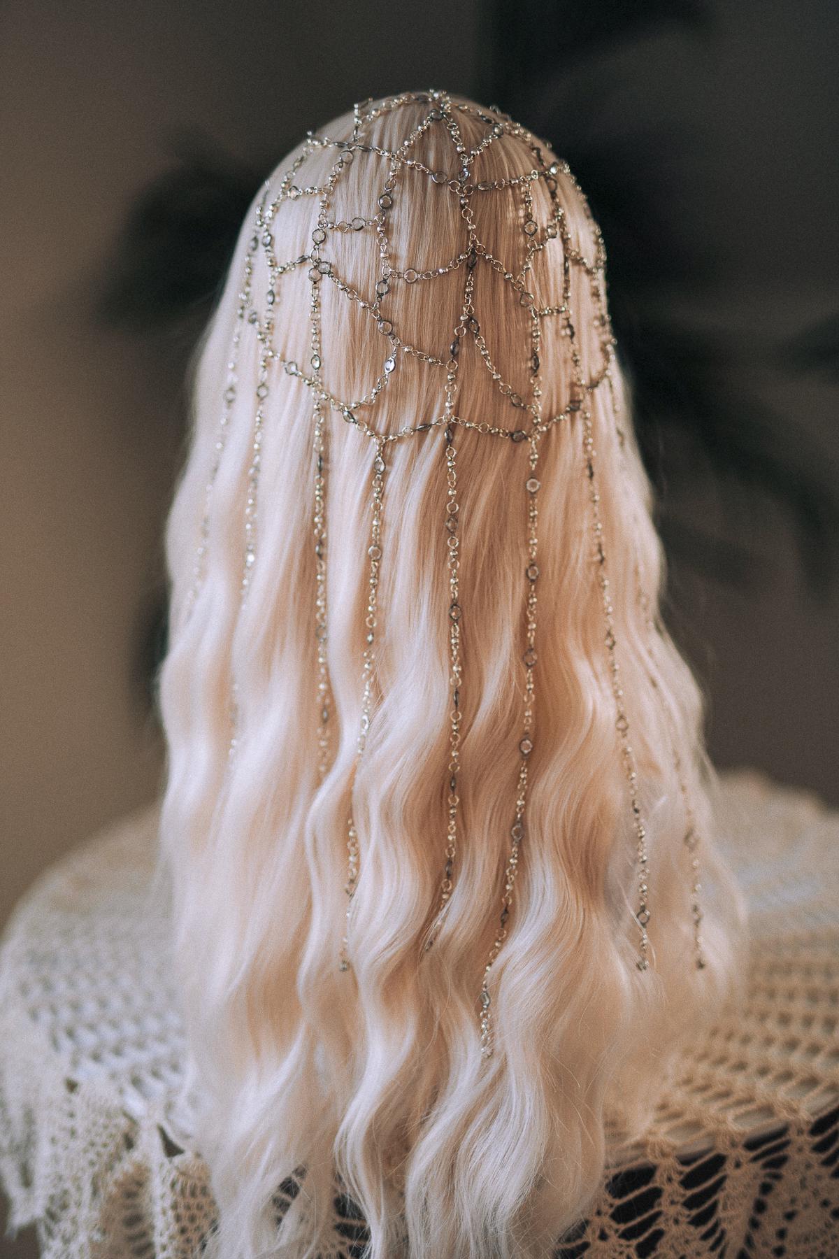 Silver Bridal Head Chain, Crystal Hair Jewelry, Wedding Hair Accessory, Festival Headpiece, Beaded Hair Drape, Boho Head Chain