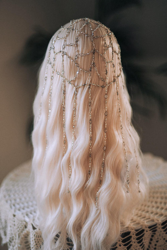 Silver Bridal Head Chain, Crystal Hair Jewelry, Wedding Hair Accessory, Festival Headpiece, Beaded Hair Drape, Boho Head Chain