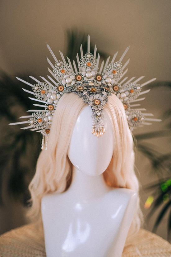 Silver Halo Crown, White And Gold Headpiece, Festival Crown, Pearl Bridal Tiara, Celestial Goddess Crown, Fantasy Costume Accessory