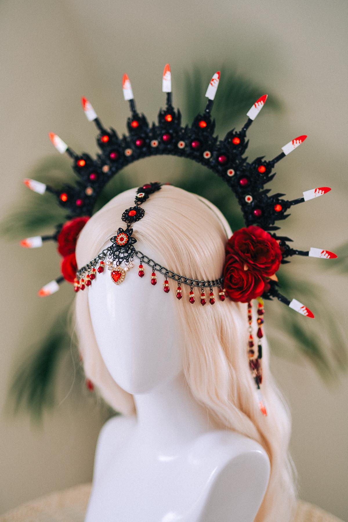 Bloody Halo Crown, Gothic Halloween Headpiece, Vampire Costume, Red Black Tiara, Handmade Spikes, Spooky Festival Accessory, Spooky Crown