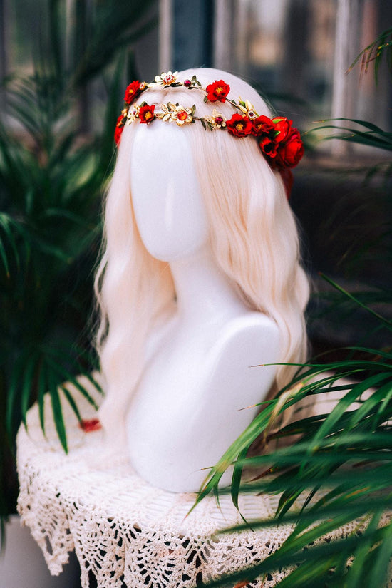 Red Rose Crown, Boho Wedding Hair Wreath, Midsummer Headpiece, Rose Floral Vine, Festival Flower Crown, Goddess Rose Wreath, Wedding
