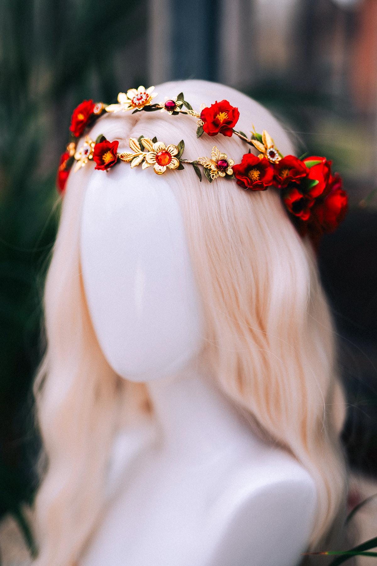 Red Rose Crown, Boho Wedding Hair Wreath, Midsummer Headpiece, Rose Floral Vine, Festival Flower Crown, Goddess Rose Wreath, Wedding