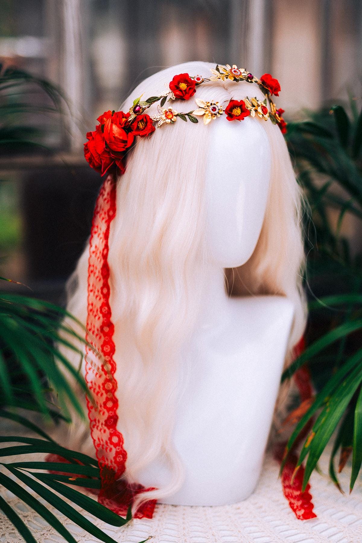 Red Rose Crown, Boho Wedding Hair Wreath, Midsummer Headpiece, Rose Floral Vine, Festival Flower Crown, Goddess Rose Wreath, Wedding