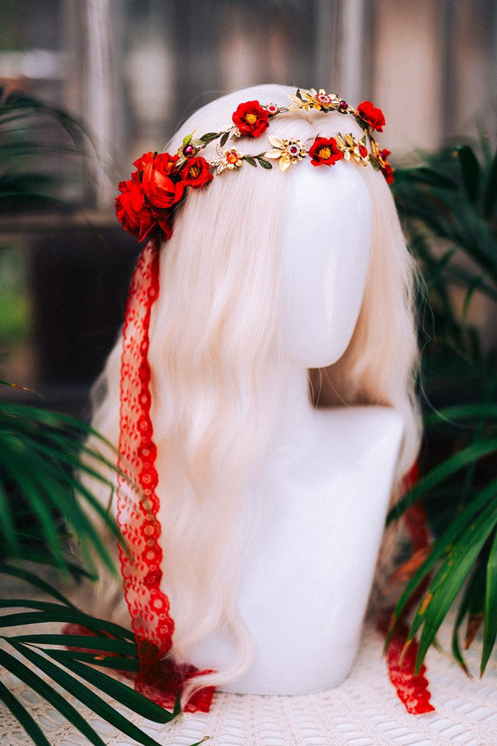 Red Rose Crown, Boho Wedding Hair Wreath, Midsummer Headpiece, Rose Floral Vine, Festival Flower Crown, Goddess Rose Wreath, Wedding