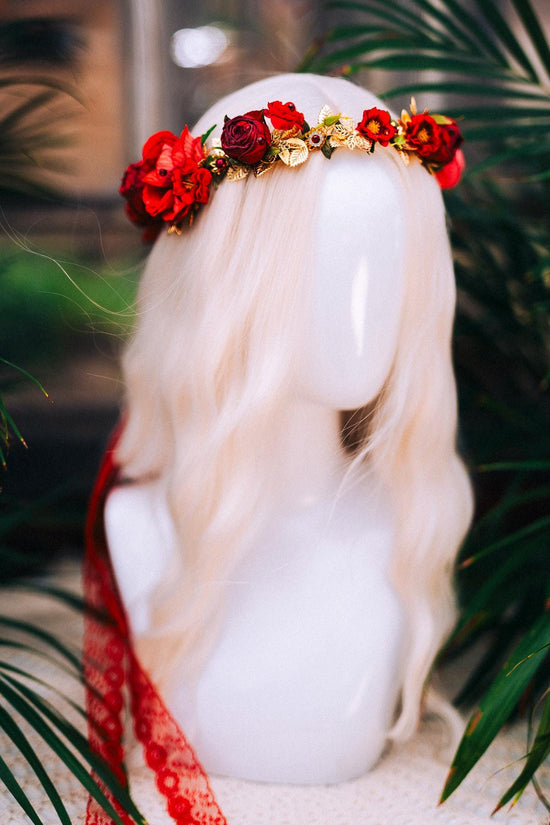 Red Rose Flower Crown, Romantic Wedding Wreath, Boho Bridal Headpiece, Maternity Photoshoot Halo, Handmade Floral Tiara