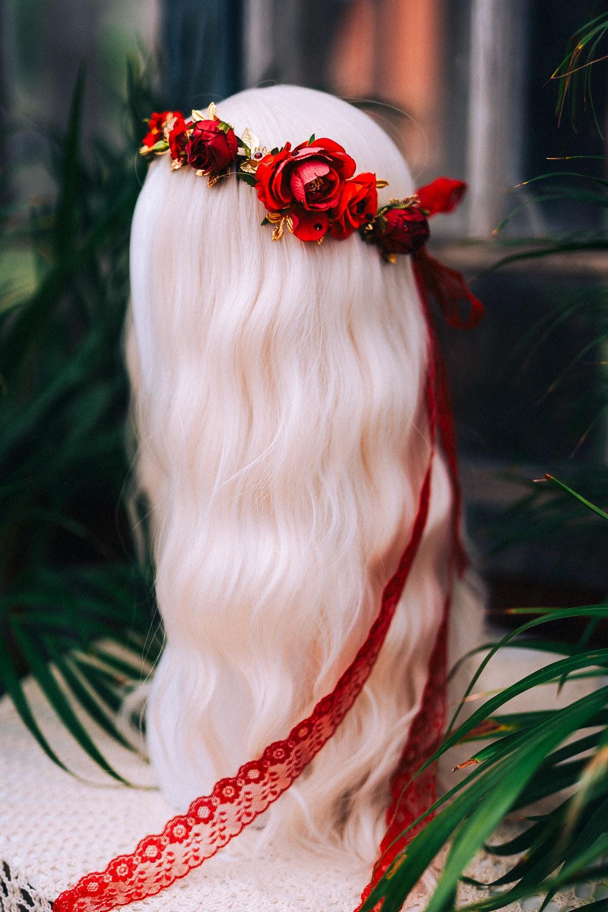 Red Rose Flower Crown, Romantic Wedding Wreath, Boho Bridal Headpiece, Maternity Photoshoot Halo, Handmade Floral Tiara