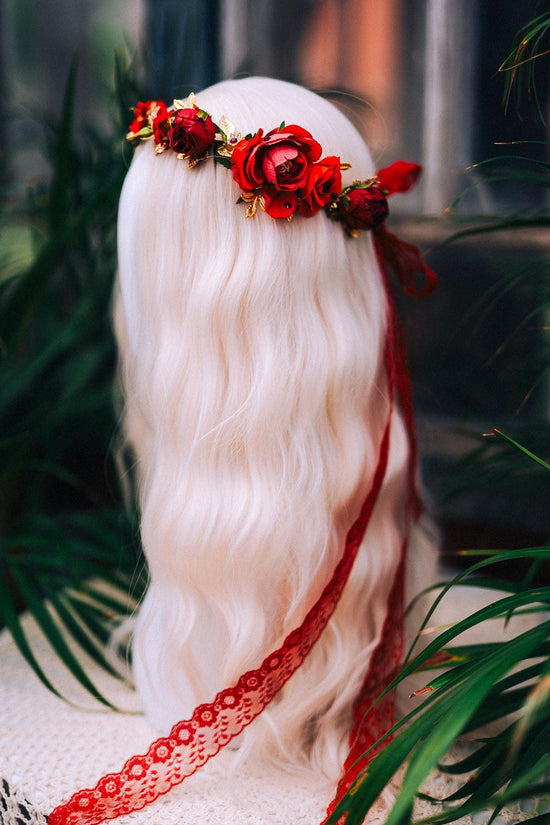 Red Rose Flower Crown, Romantic Wedding Wreath, Boho Bridal Headpiece, Maternity Photoshoot Halo, Handmade Floral Tiara