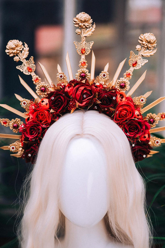 Red Rose Halo Crown,Gold Flower Crown,Floral Halo Headpiece,Wedding Crown,Festival Headpiece,Bridal Flower Tiara,Goddess Halo Crown