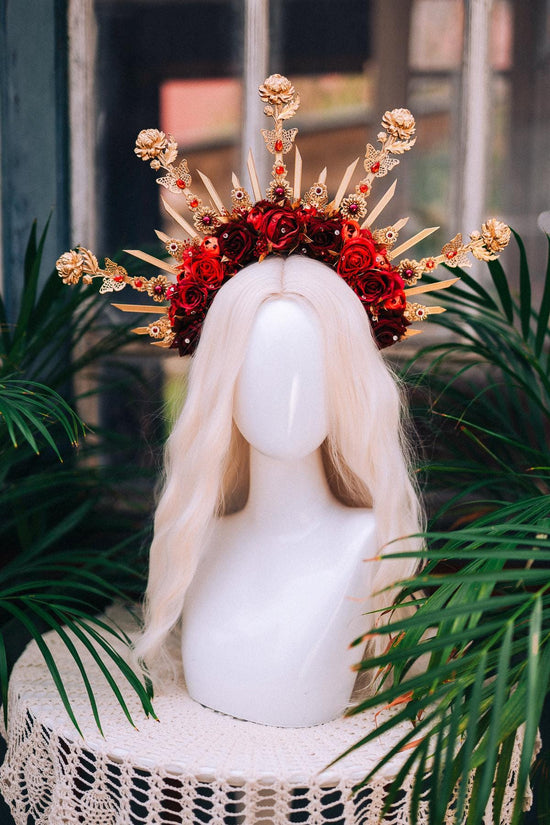 Red Rose Halo Crown,Gold Flower Crown,Floral Halo Headpiece,Wedding Crown,Festival Headpiece,Bridal Flower Tiara,Goddess Halo Crown