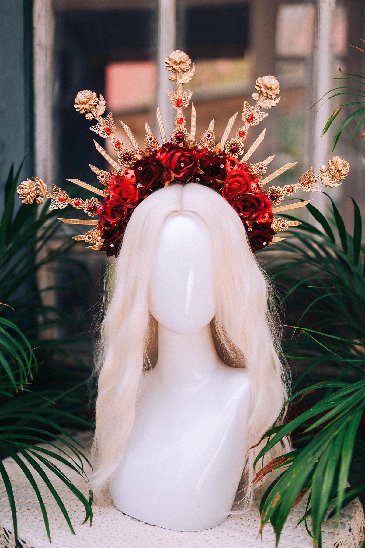 Red Rose Halo Crown,Gold Flower Crown,Floral Halo Headpiece,Wedding Crown,Festival Headpiece,Bridal Flower Tiara,Goddess Halo Crown