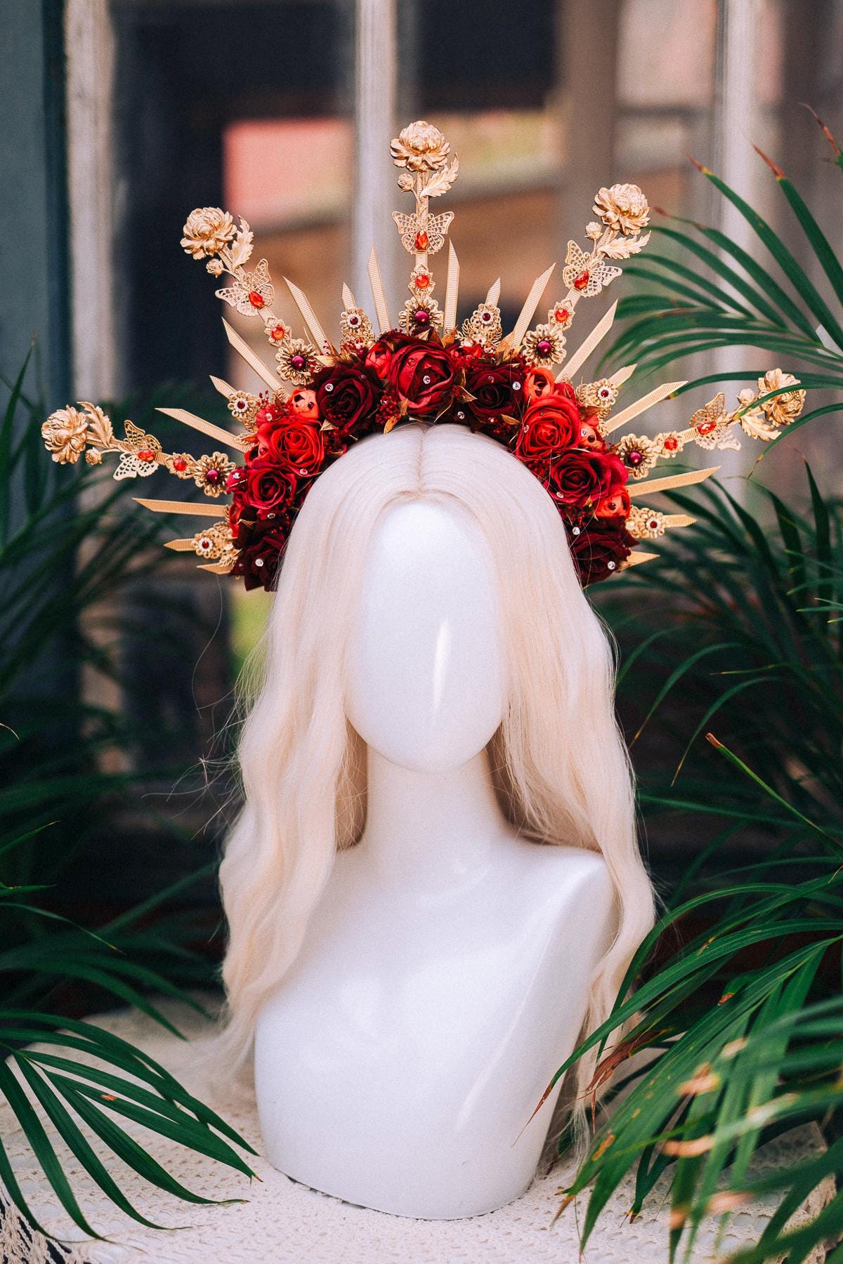Red Rose Halo Crown,Gold Flower Crown,Floral Halo Headpiece,Wedding Crown,Festival Headpiece,Bridal Flower Tiara,Goddess Halo Crown