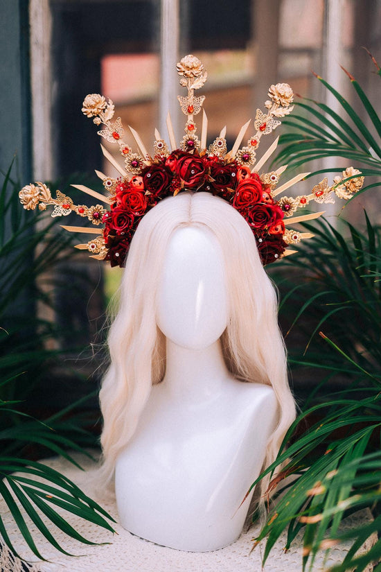 Red Rose Halo Crown,Gold Flower Crown,Floral Halo Headpiece,Wedding Crown,Festival Headpiece,Bridal Flower Tiara,Goddess Halo Crown