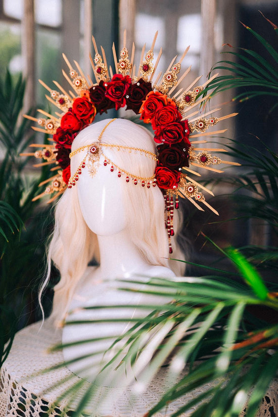 Crown Of Roses, Red Gold Crown, Statement Headpiece, Floral Halo, Carnival Costume, Rose Tiara, Festival Headdress, Handmade Crown